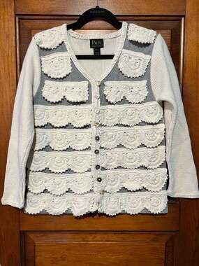 Pure Handknit Cream and Grey Tiered Crochet Ruffle Button-Down Cardigan #cottage